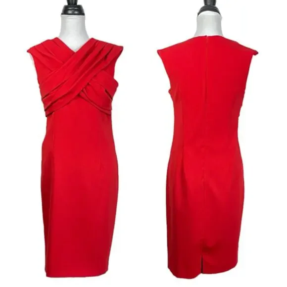 David Meister | Bright Scarlett Red Cross Over Chest Sleeveless Sheath Dress - Picture 1 of 9